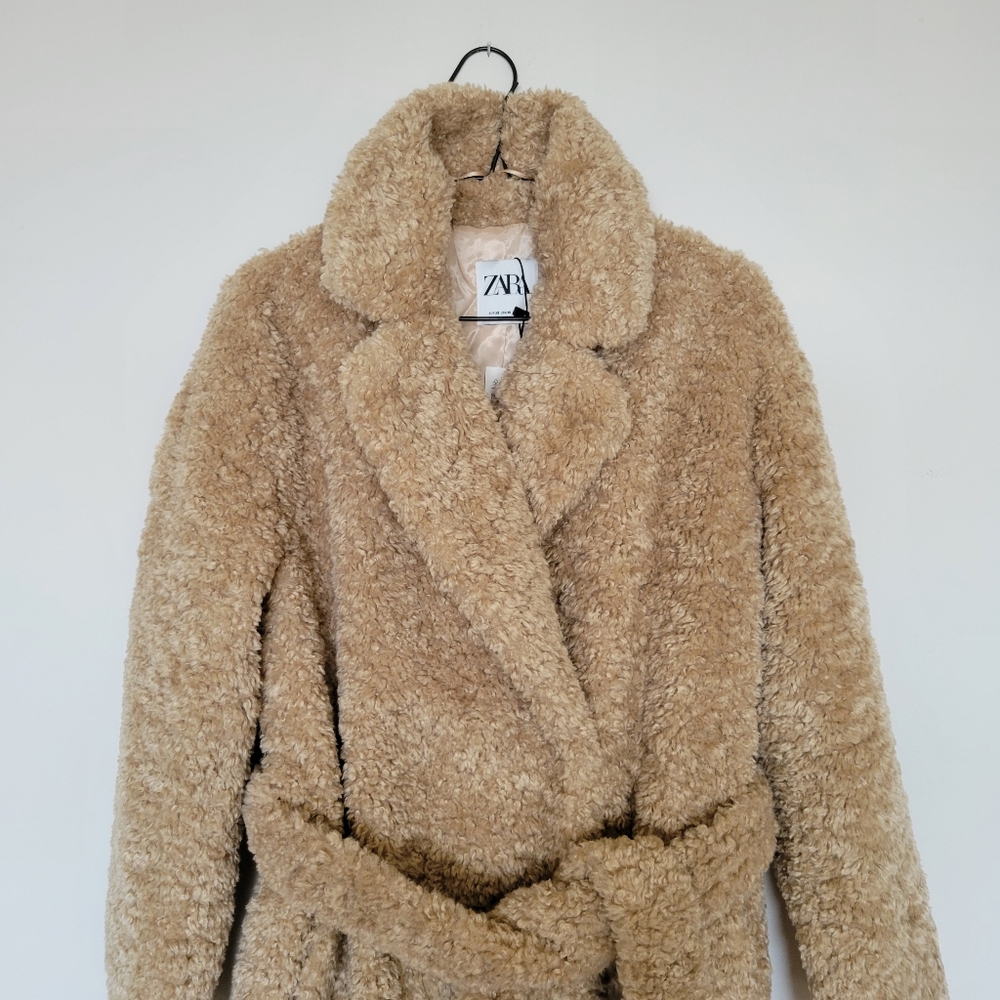 Zara Long Fleece Faux Fur Coat Jacket Brown Size L NWT - Picture 11 of 11